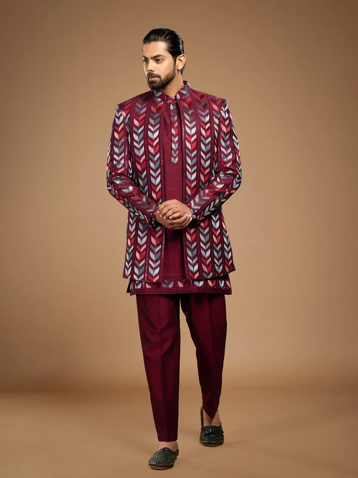 Trendy maroon embroidery indowestern