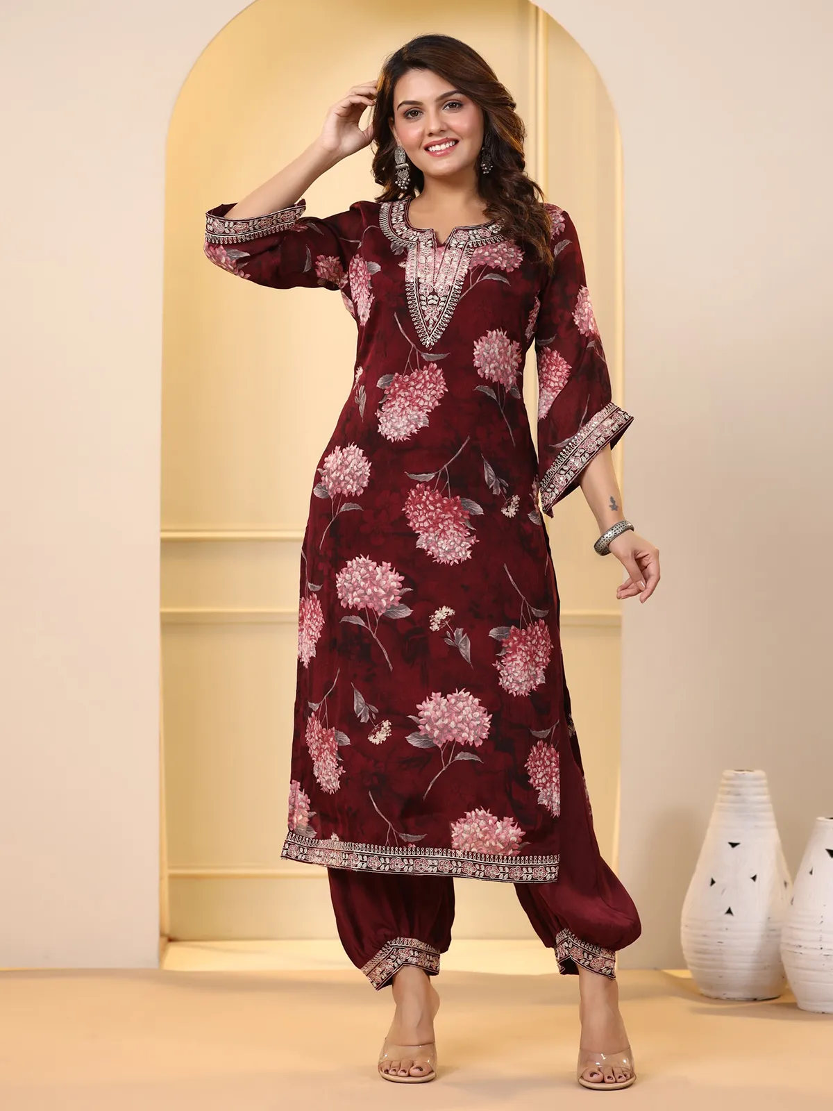 Trendy maroon georgette kurti set