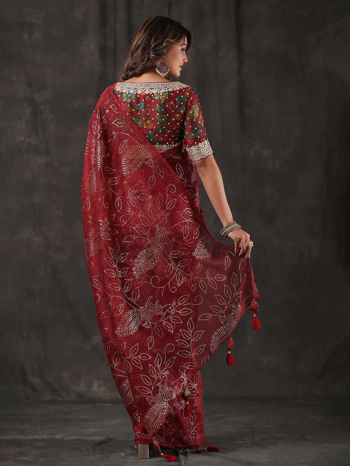 Trendy maroon organza saree