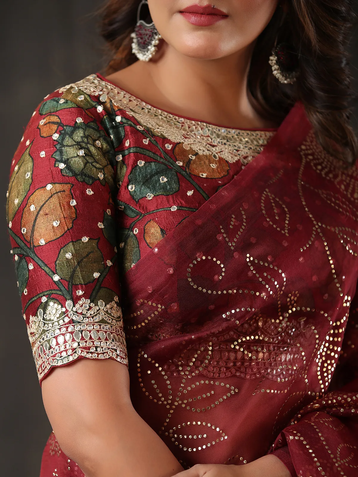 Trendy maroon organza saree