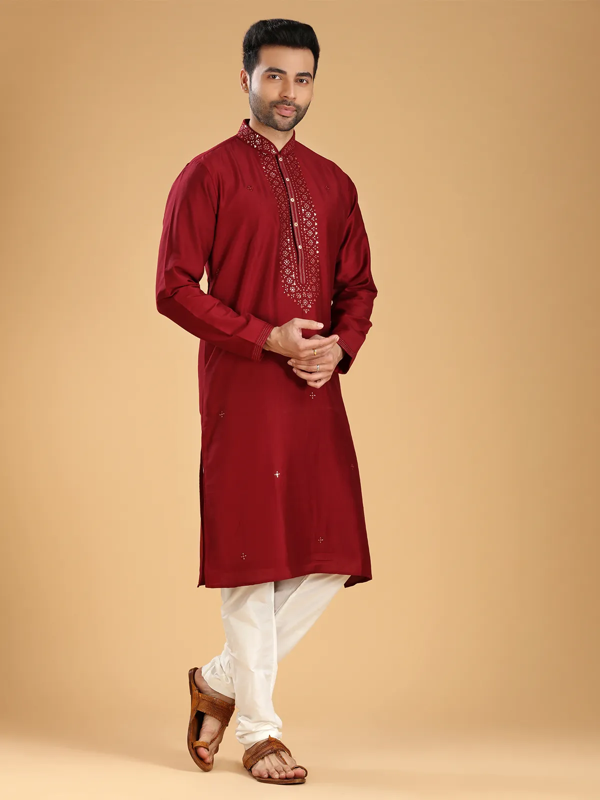 Trendy maroon silk festive  Men Kurta pajama