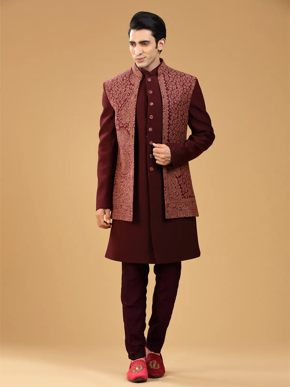 Trendy maroon terry rayon indowestern