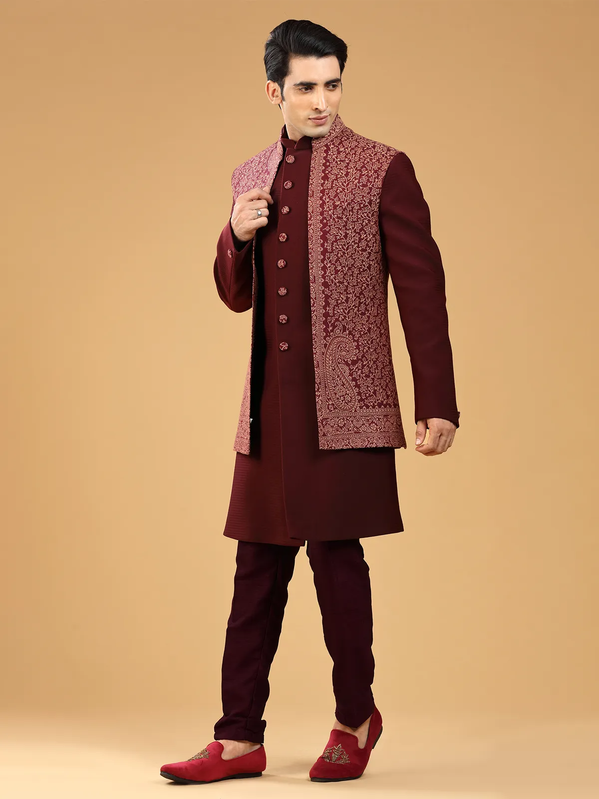 Trendy maroon terry rayon indowestern