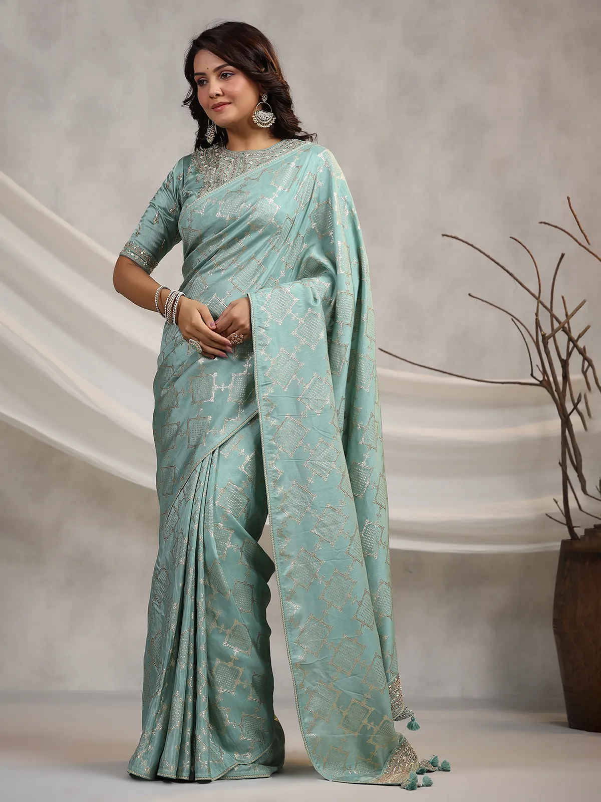 Trendy mint green silk wedding saree