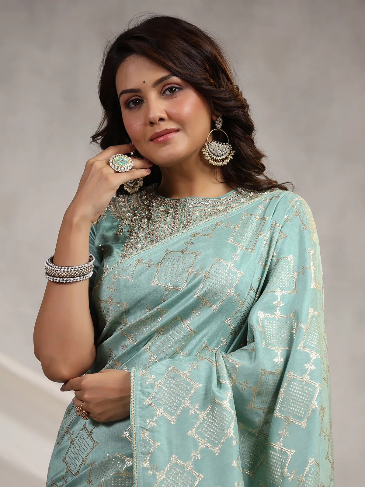 Trendy mint green silk wedding saree