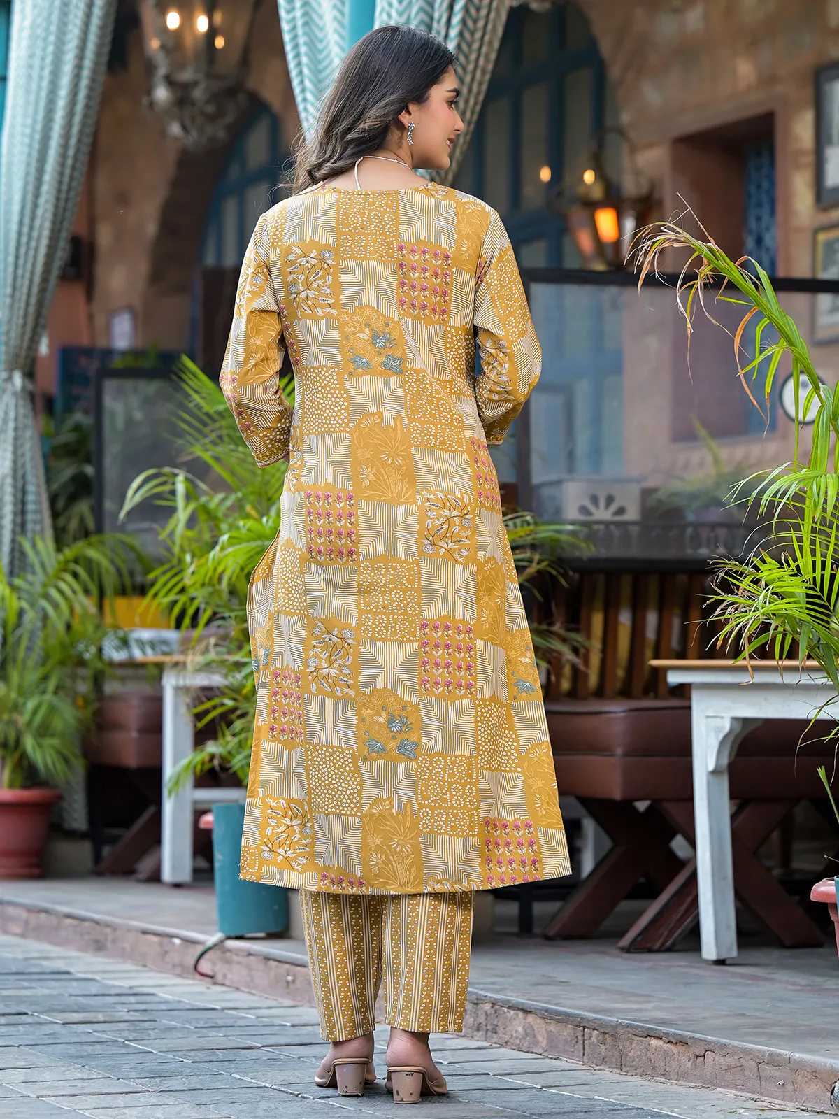 Trendy mustard yellow printed kurti set