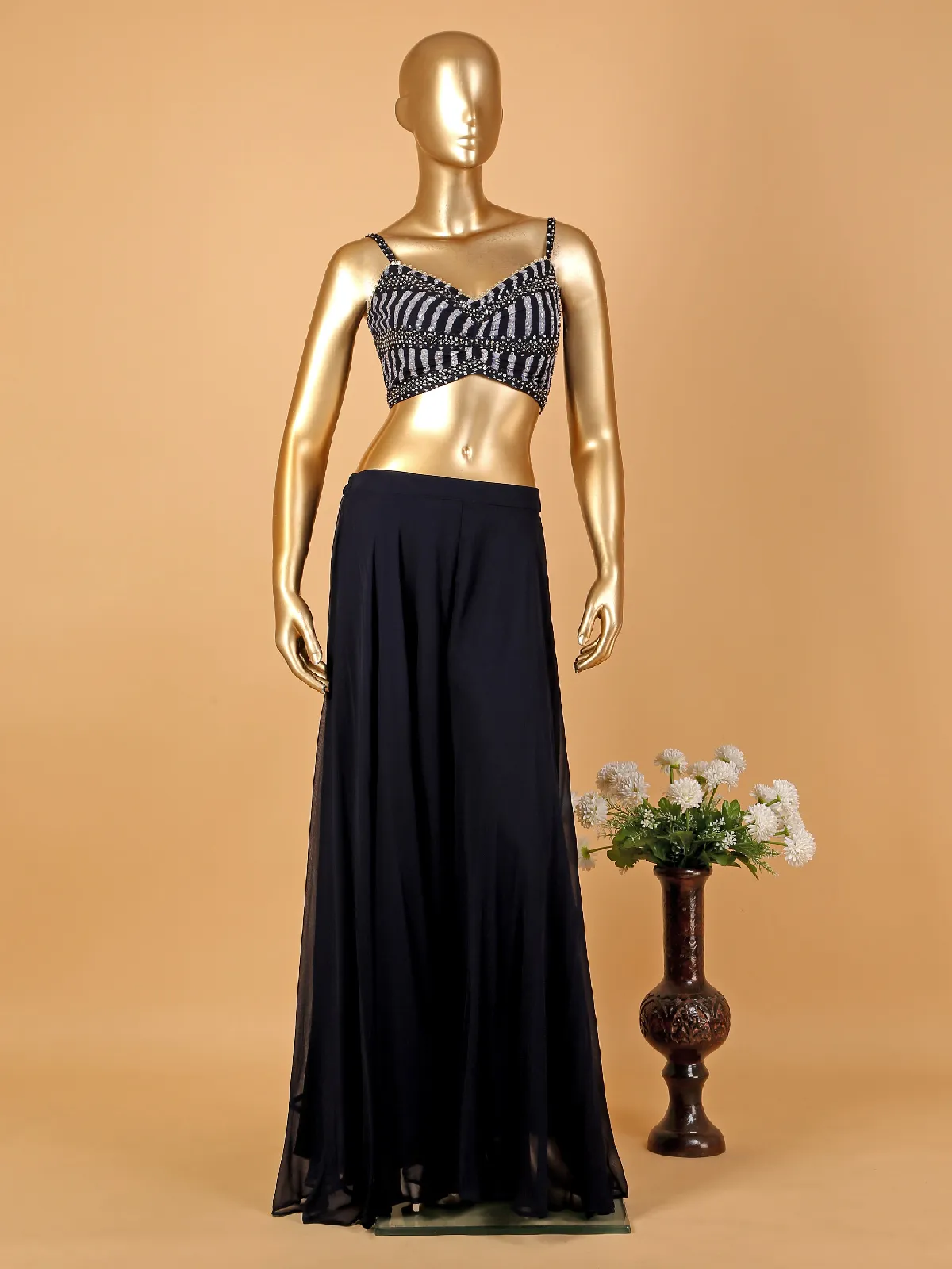 Trendy navy georgette palazzo suit with shrug