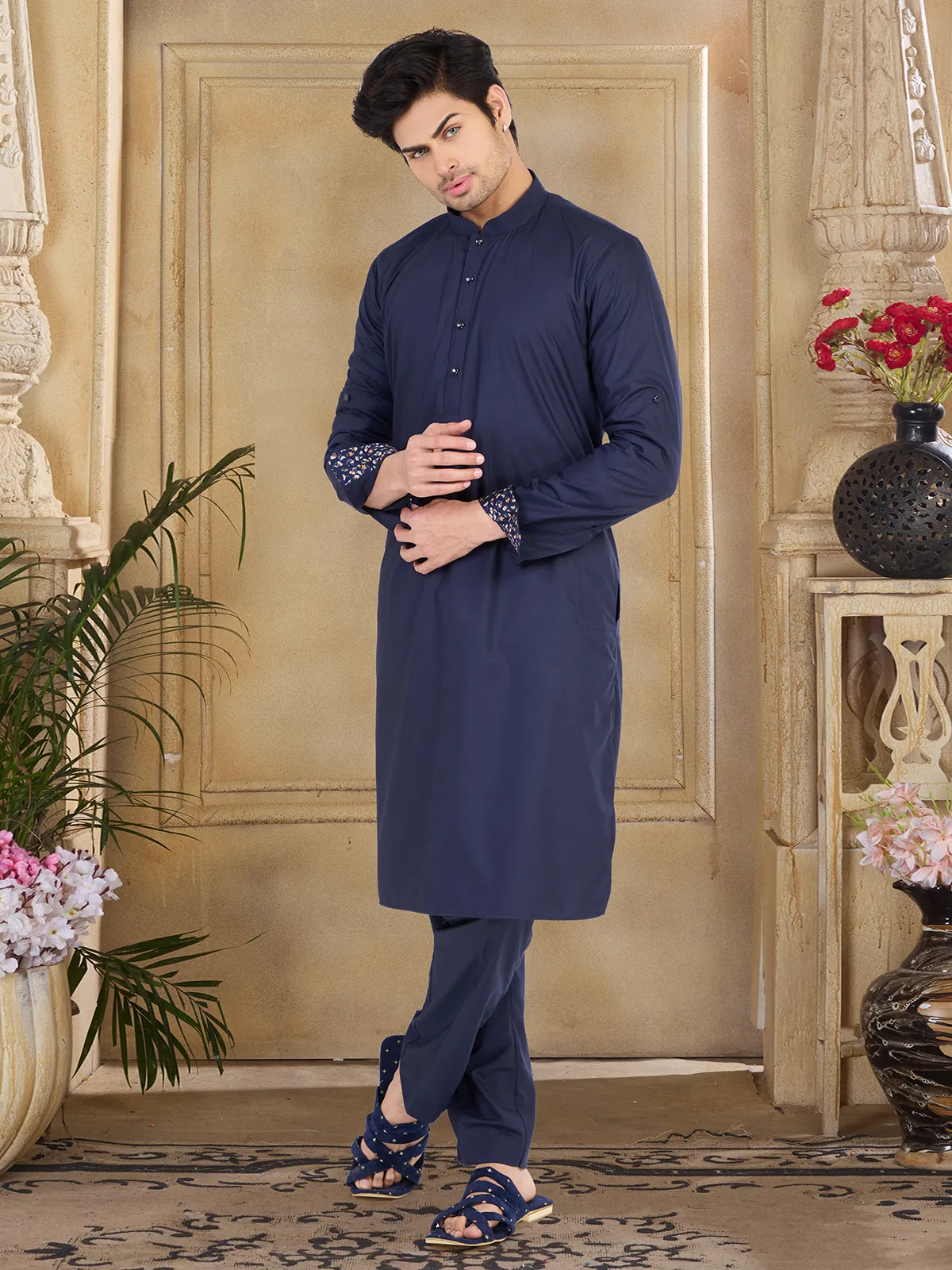 Trendy navy plain cotton  Men Kurta pajama