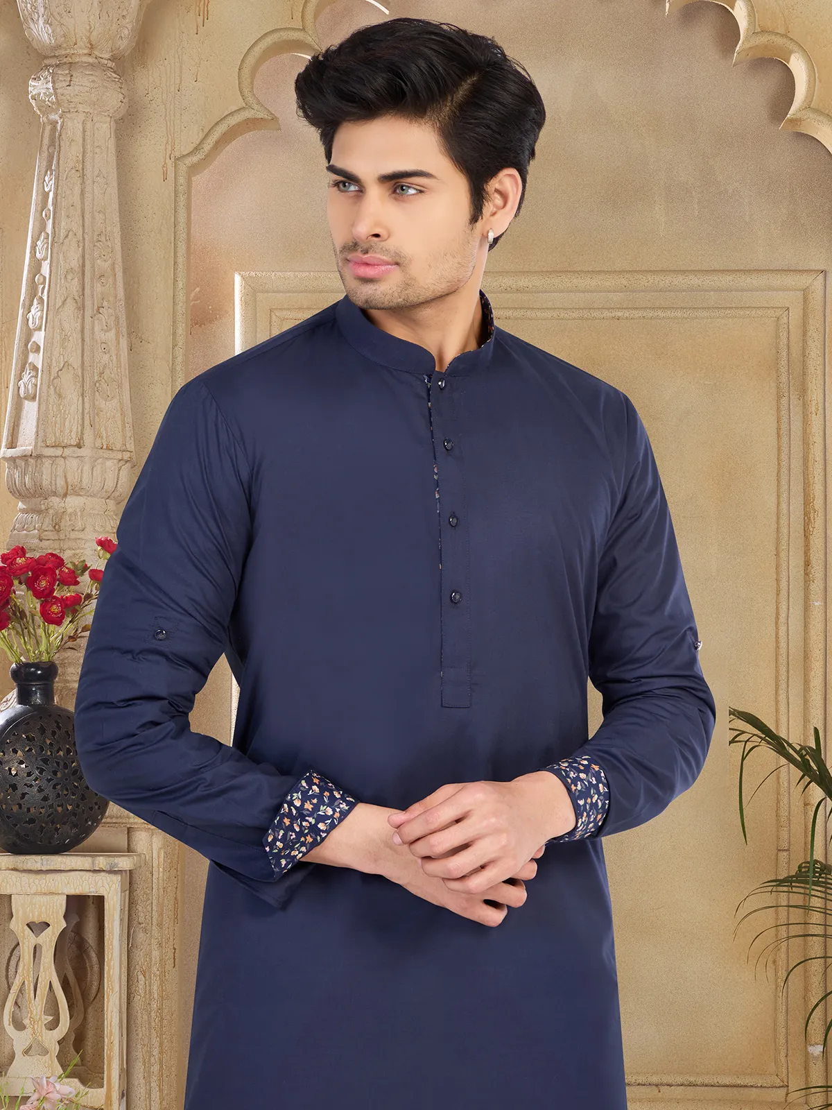 Trendy navy plain cotton  Men Kurta pajama