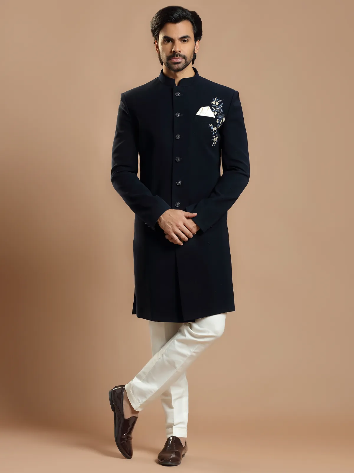 Trendy navy terry rayon wedding indowestern