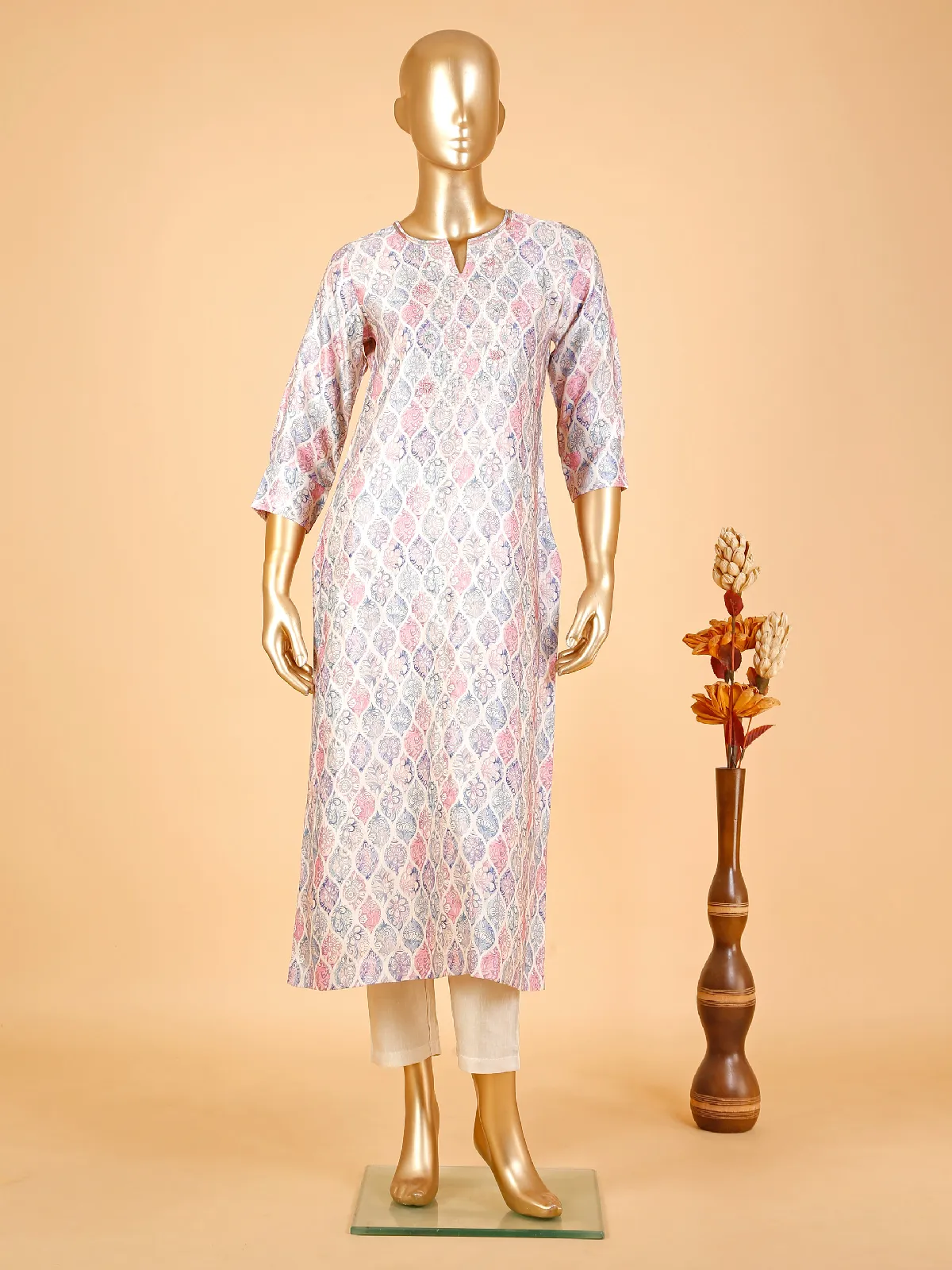 Trendy off white printed cotton kurti set