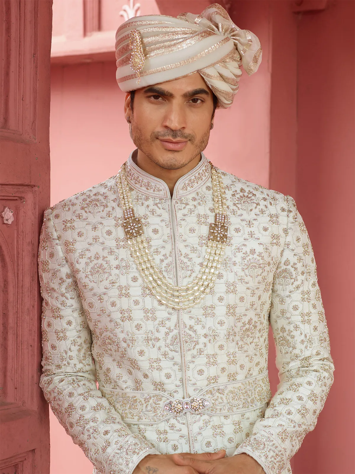 Trendy off white raw silk sherwani