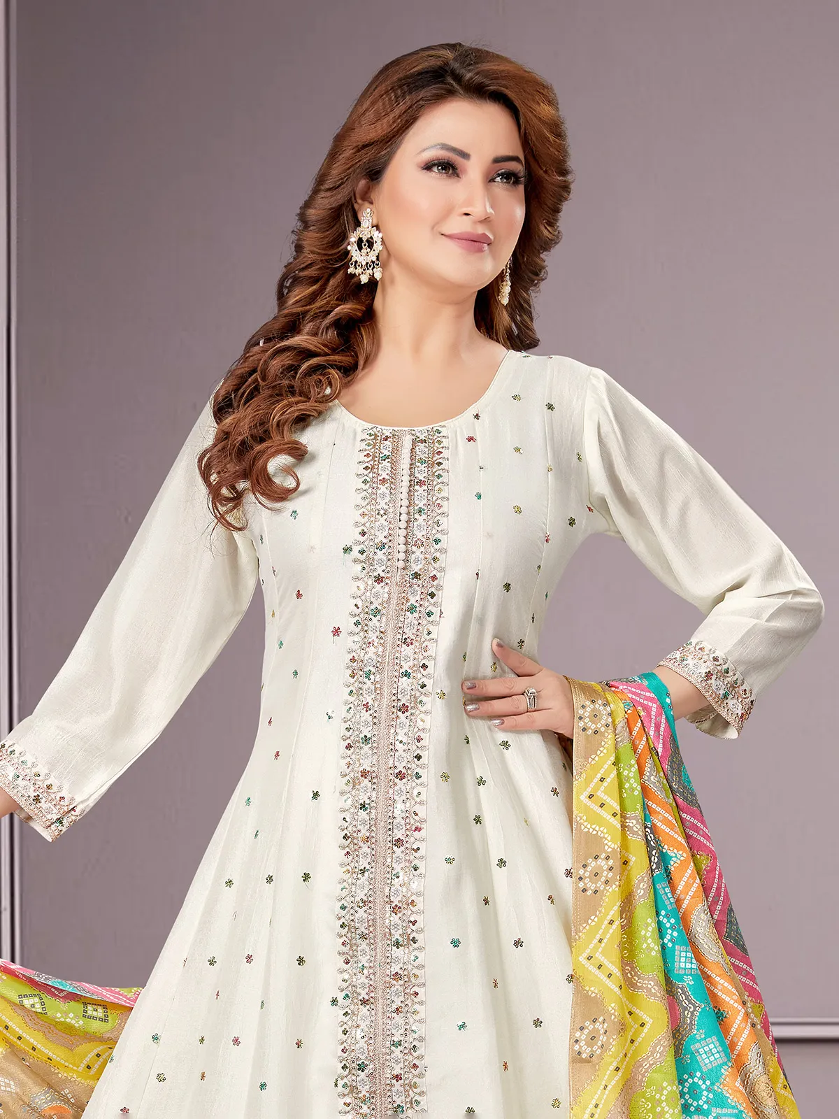 Trendy off-white salwar suit with printed dupatta