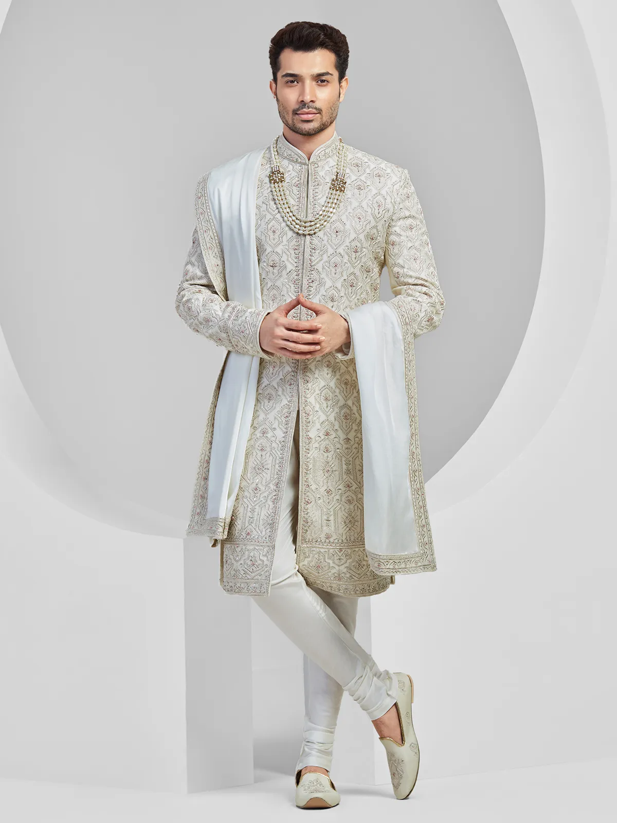 Trendy off white silk sherwani