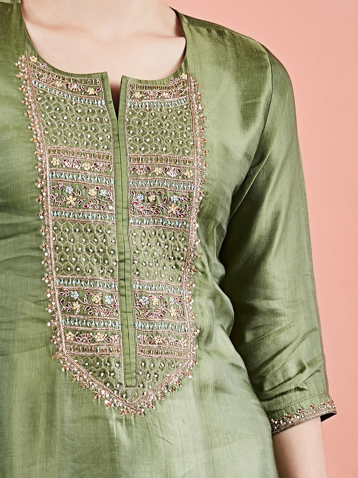 Trendy olive silk kurti with pant