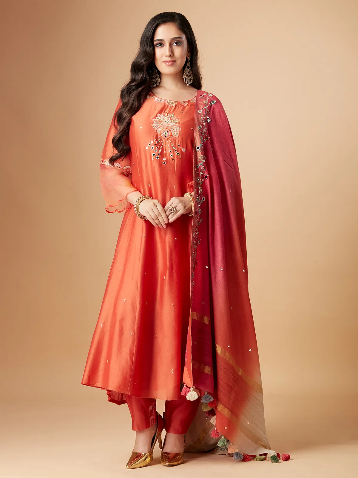 Trendy orange raw silk salwar suit