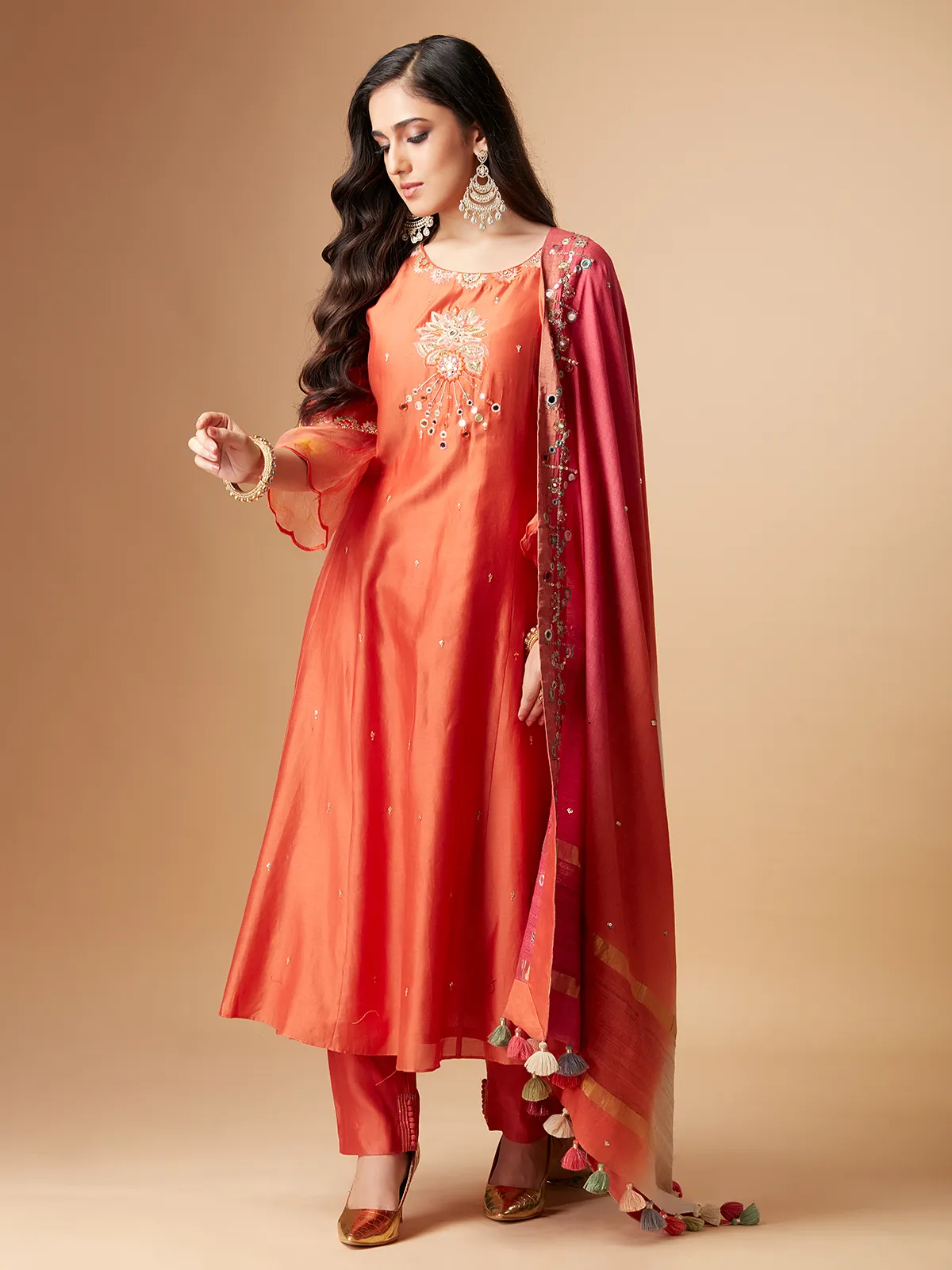 Trendy orange raw silk salwar suit