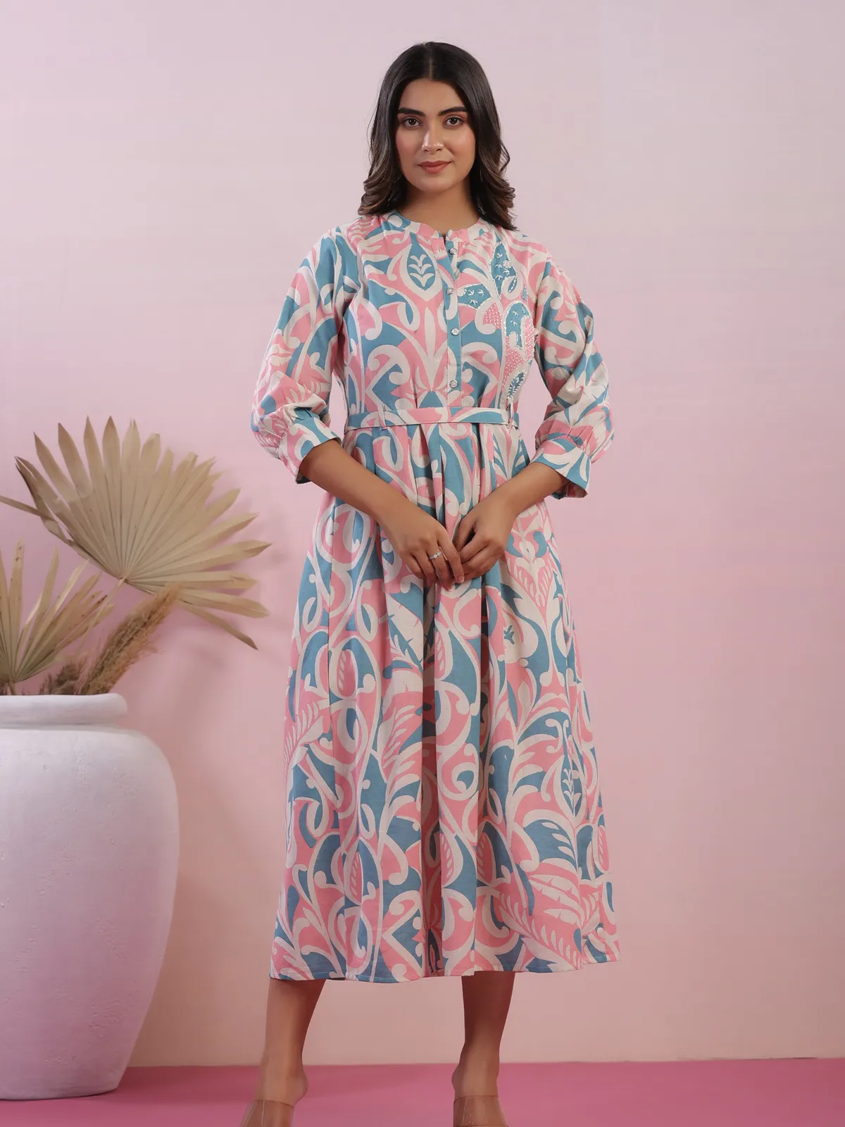 Trendy peach and blue cotton printed kurti