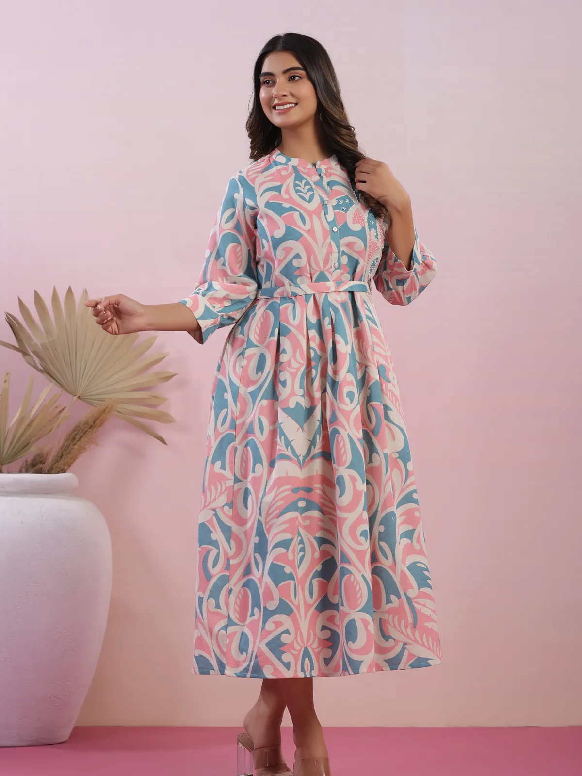 Trendy peach and blue cotton printed kurti