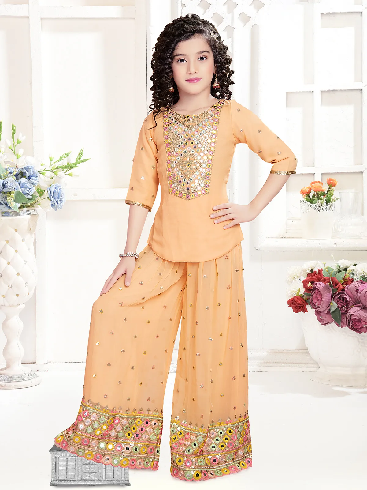 Trendy peach georgette embroidery palazzo suit