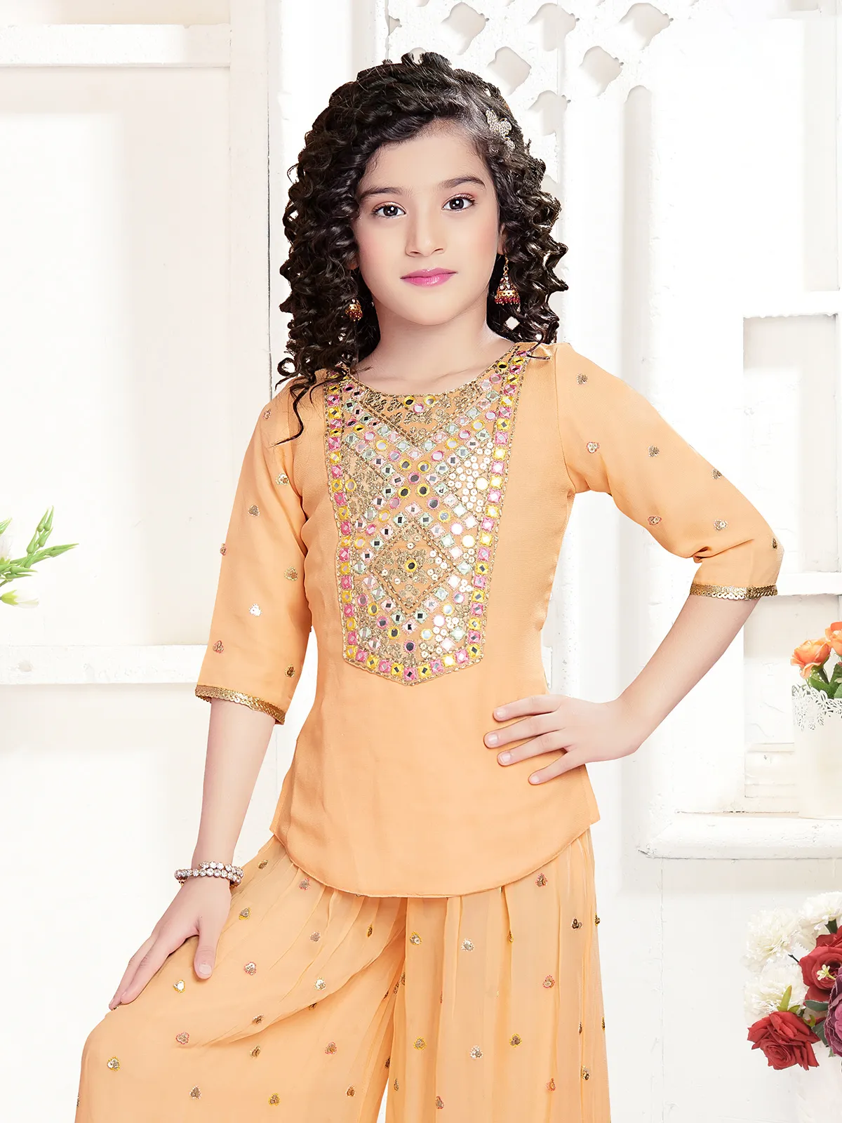 Trendy peach georgette embroidery palazzo suit