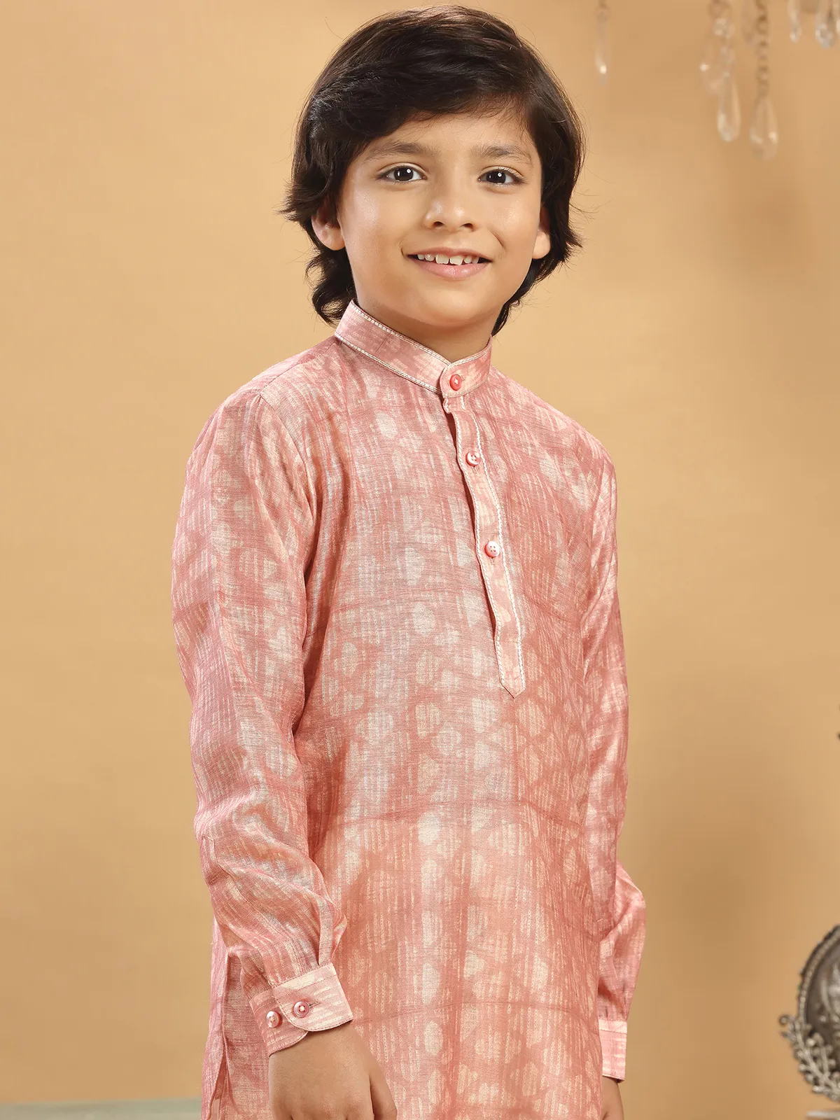 Trendy peach printed silk kurta suit