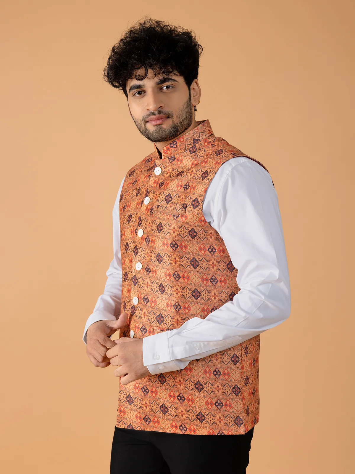 Trendy peach printed waistcoat in silk