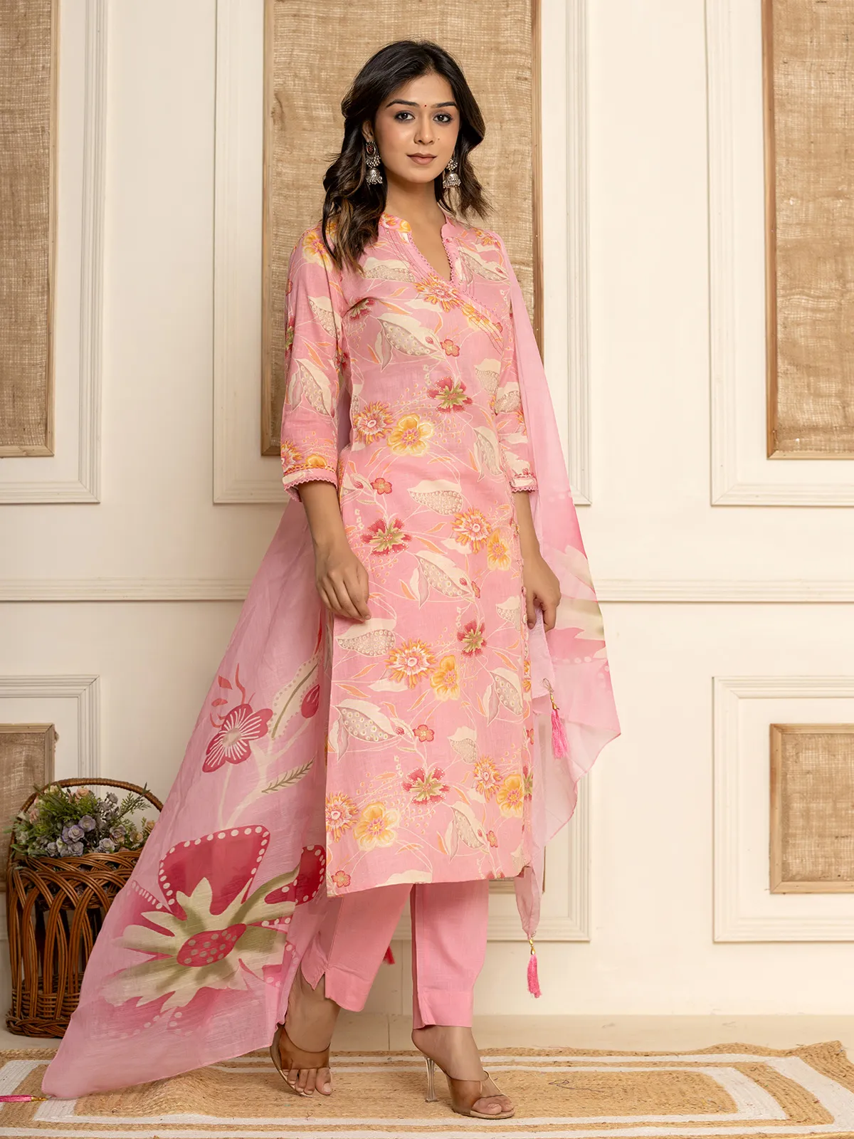 Trendy pink cotton kurti set with dupatta