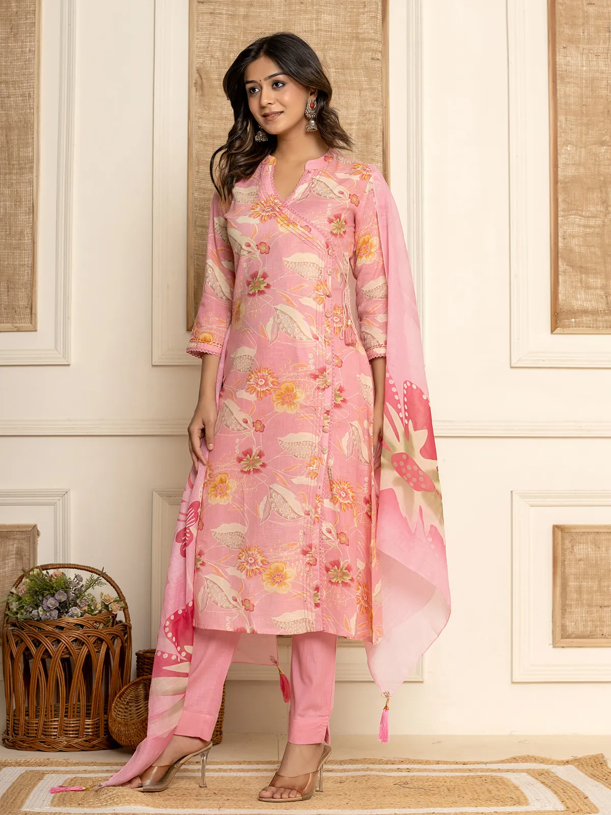 Trendy pink cotton kurti set with dupatta