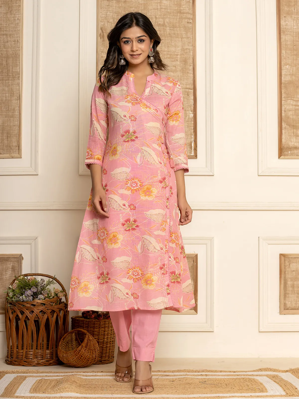 Trendy pink cotton kurti set with dupatta