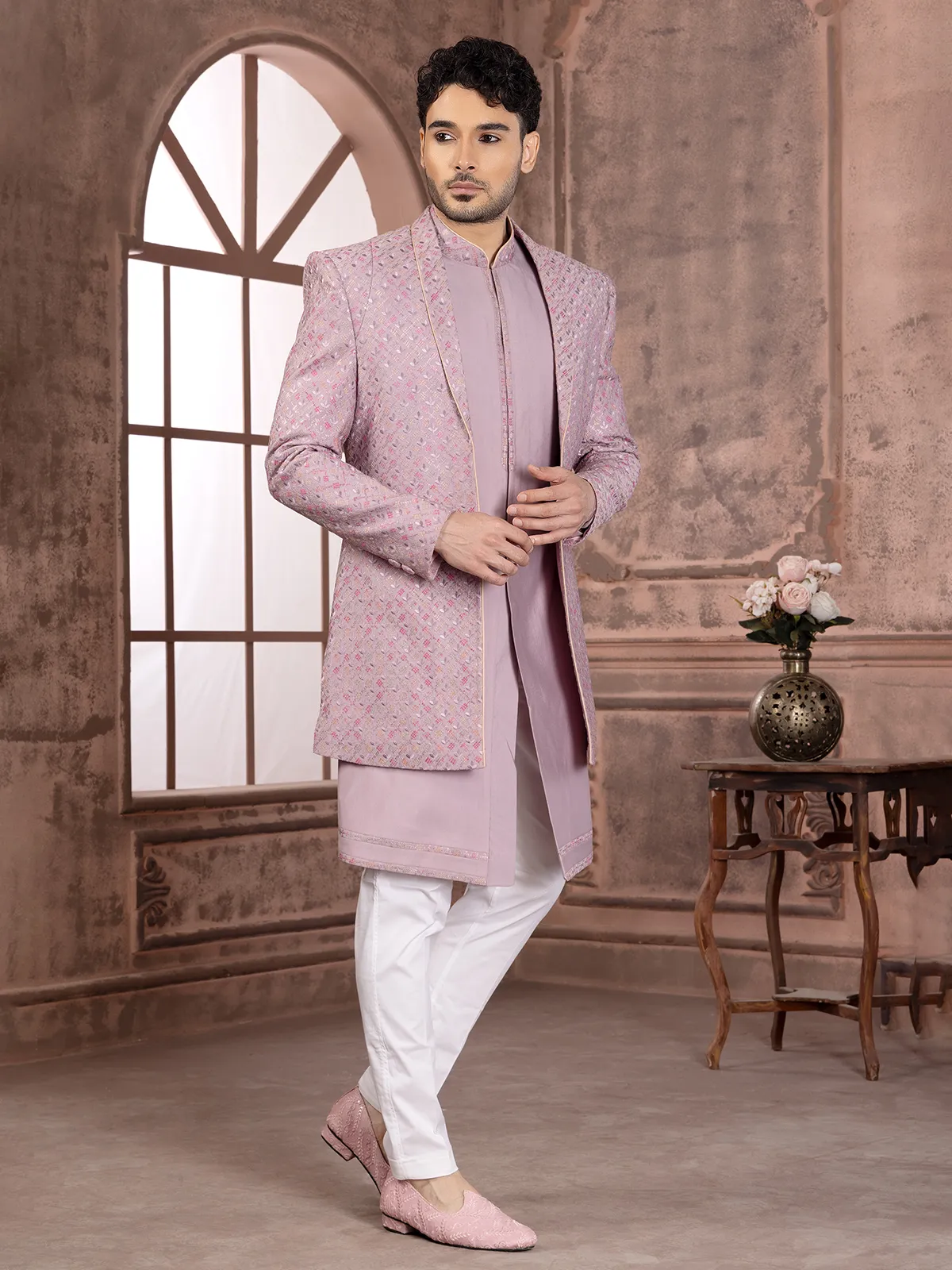 Trendy pink indowestern with embroidery