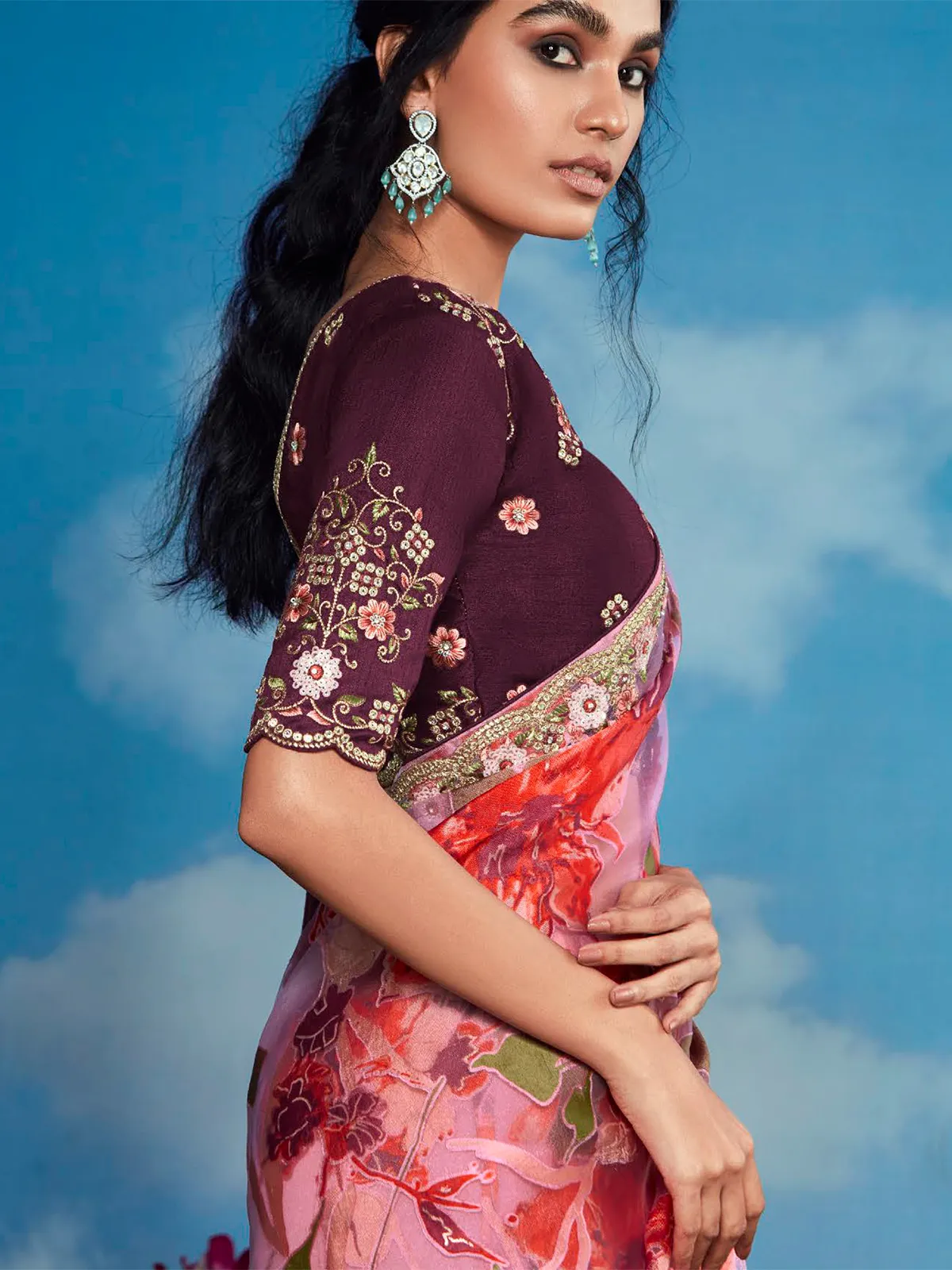 Trendy pink organza printed saree