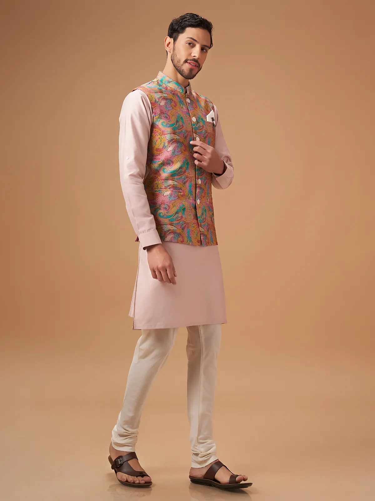 Trendy pink printed waistcoat set