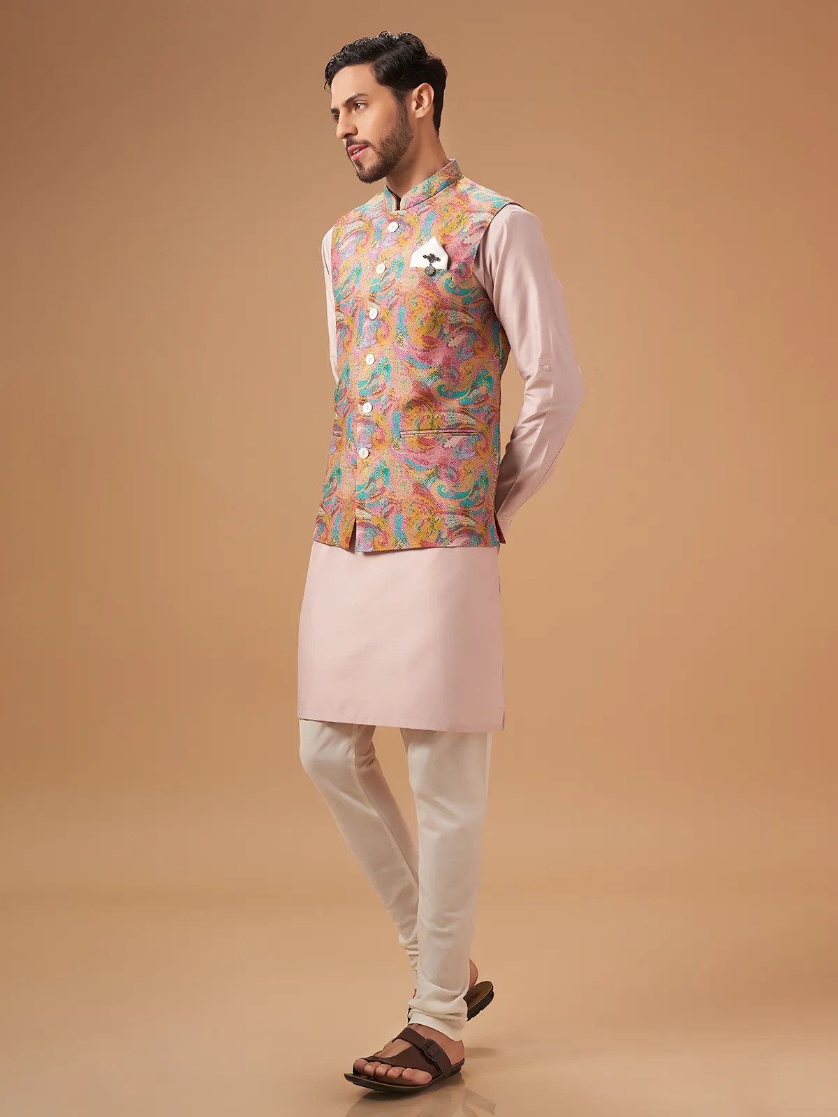 Trendy pink printed waistcoat set