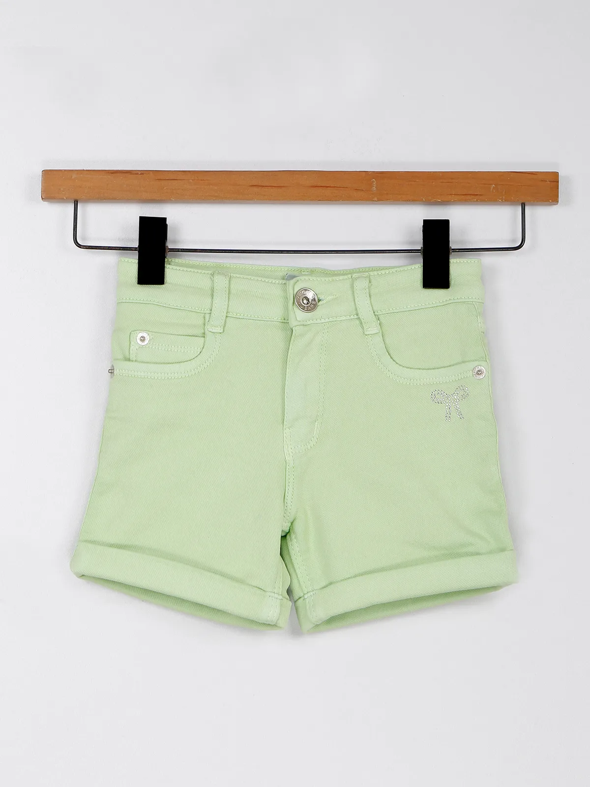 Trendy pista green denim shorts for girls