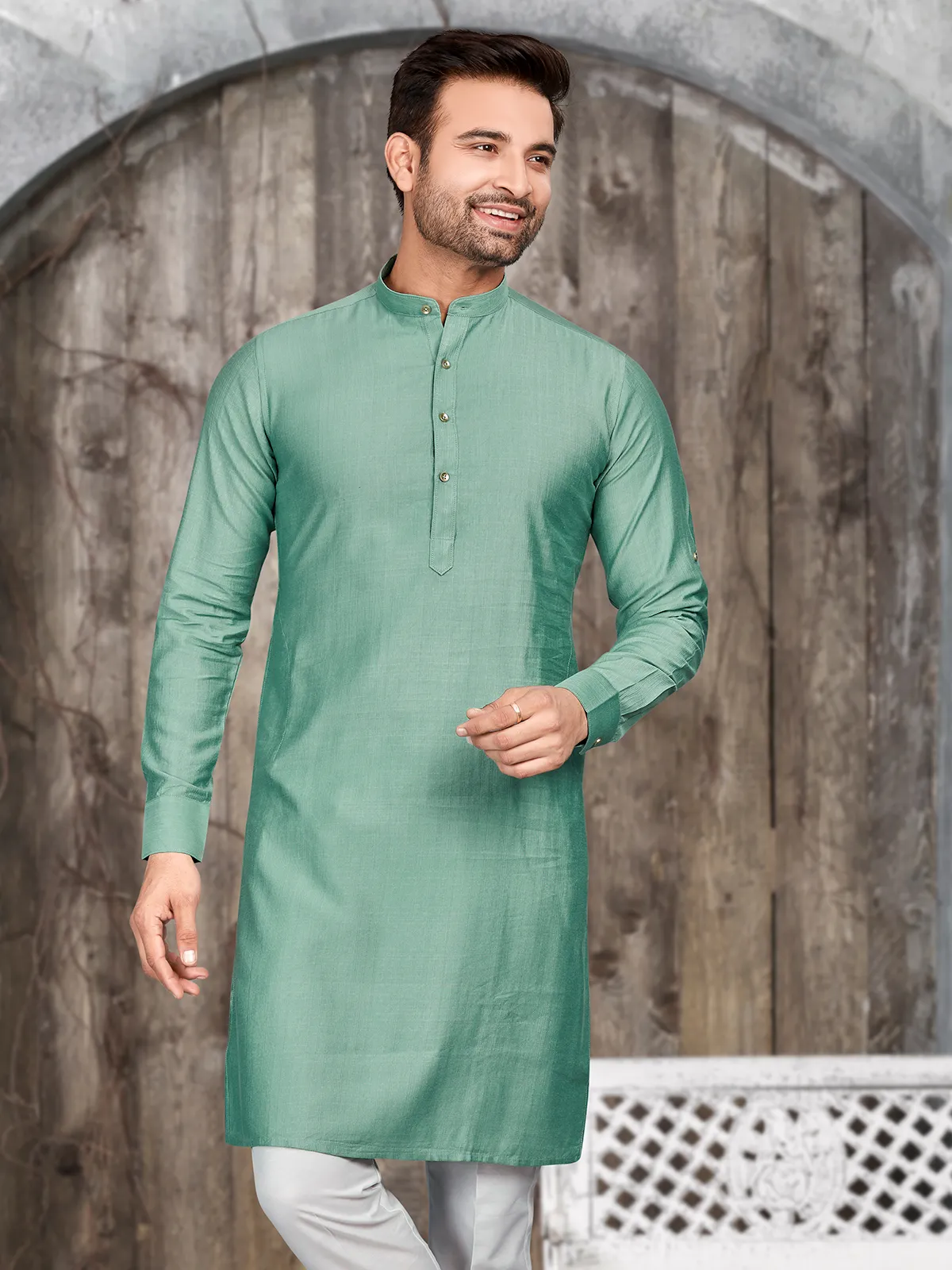 Trendy pista green silk plain kurta