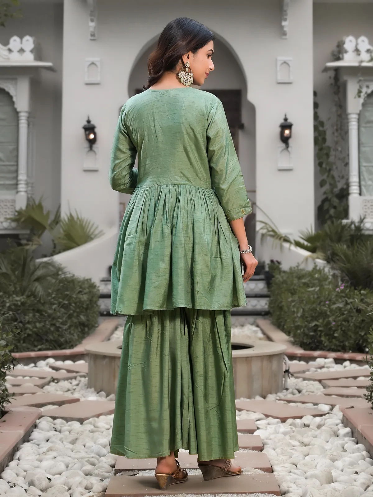 Trendy pista green silk sharara set