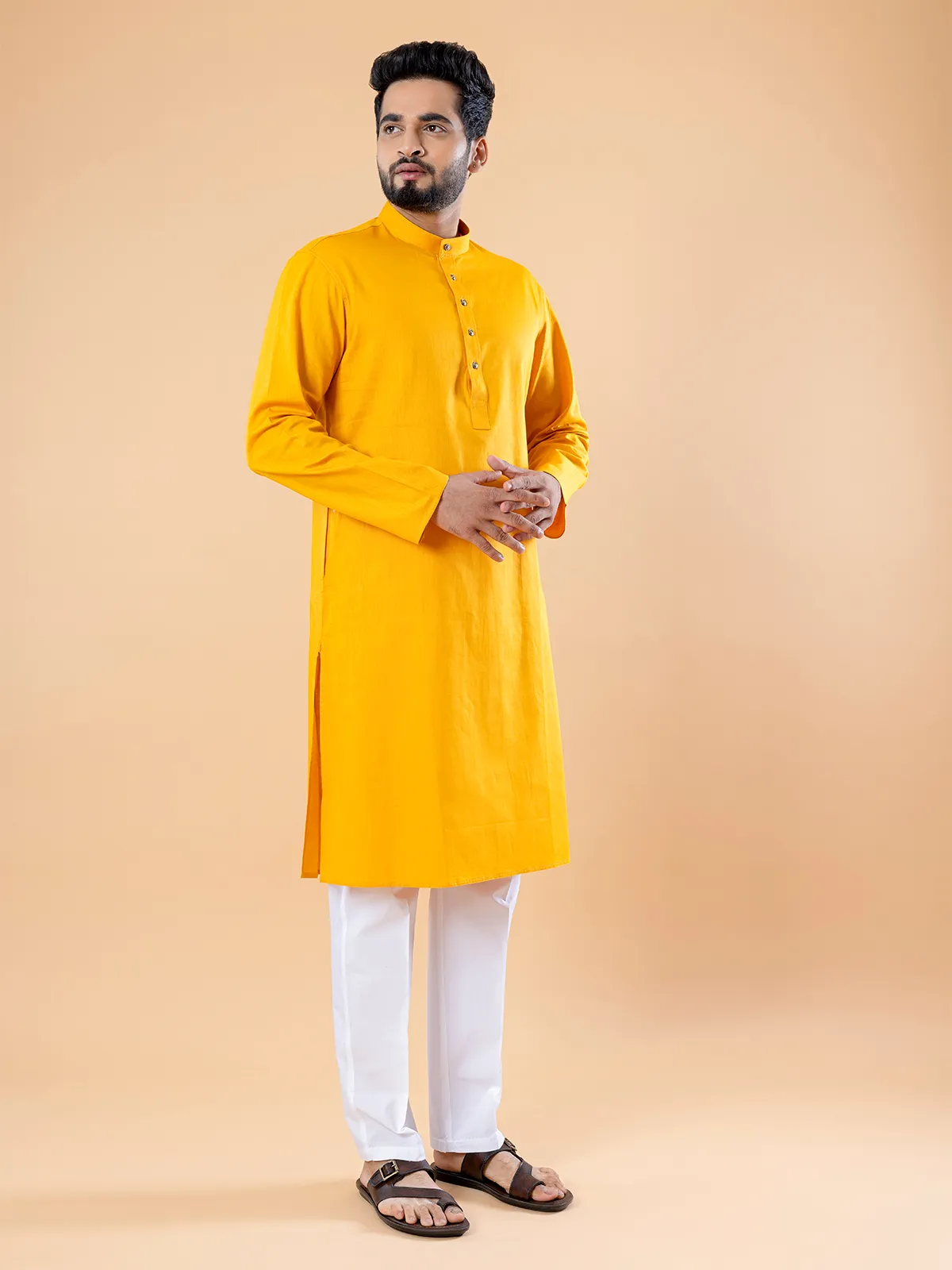 Trendy plain yellow  Men Kurta pajama in cotton