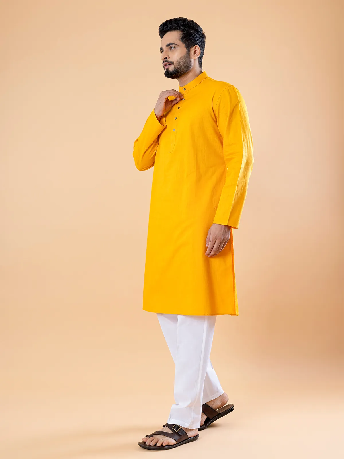 Trendy plain yellow  Men Kurta pajama in cotton