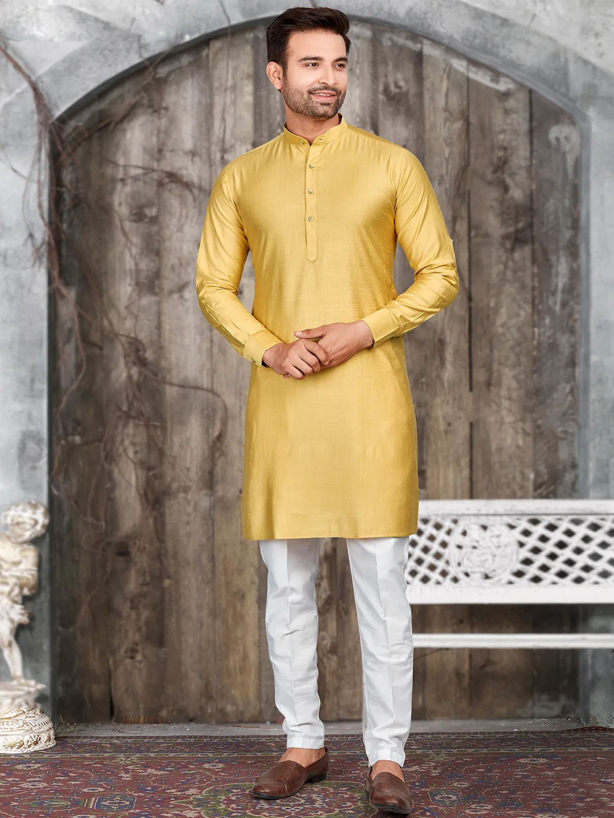 Trendy plain yellow silk  Men Kurta pajama