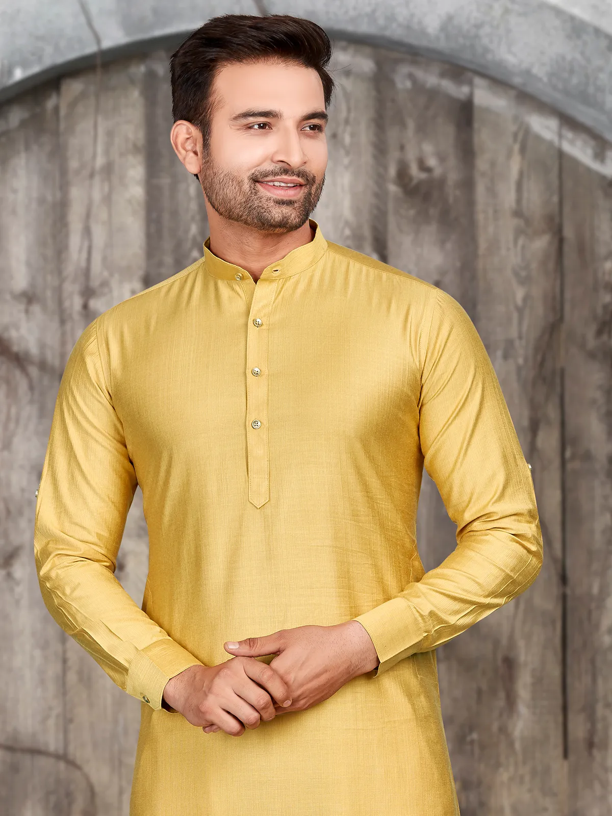 Trendy plain yellow silk  Men Kurta pajama