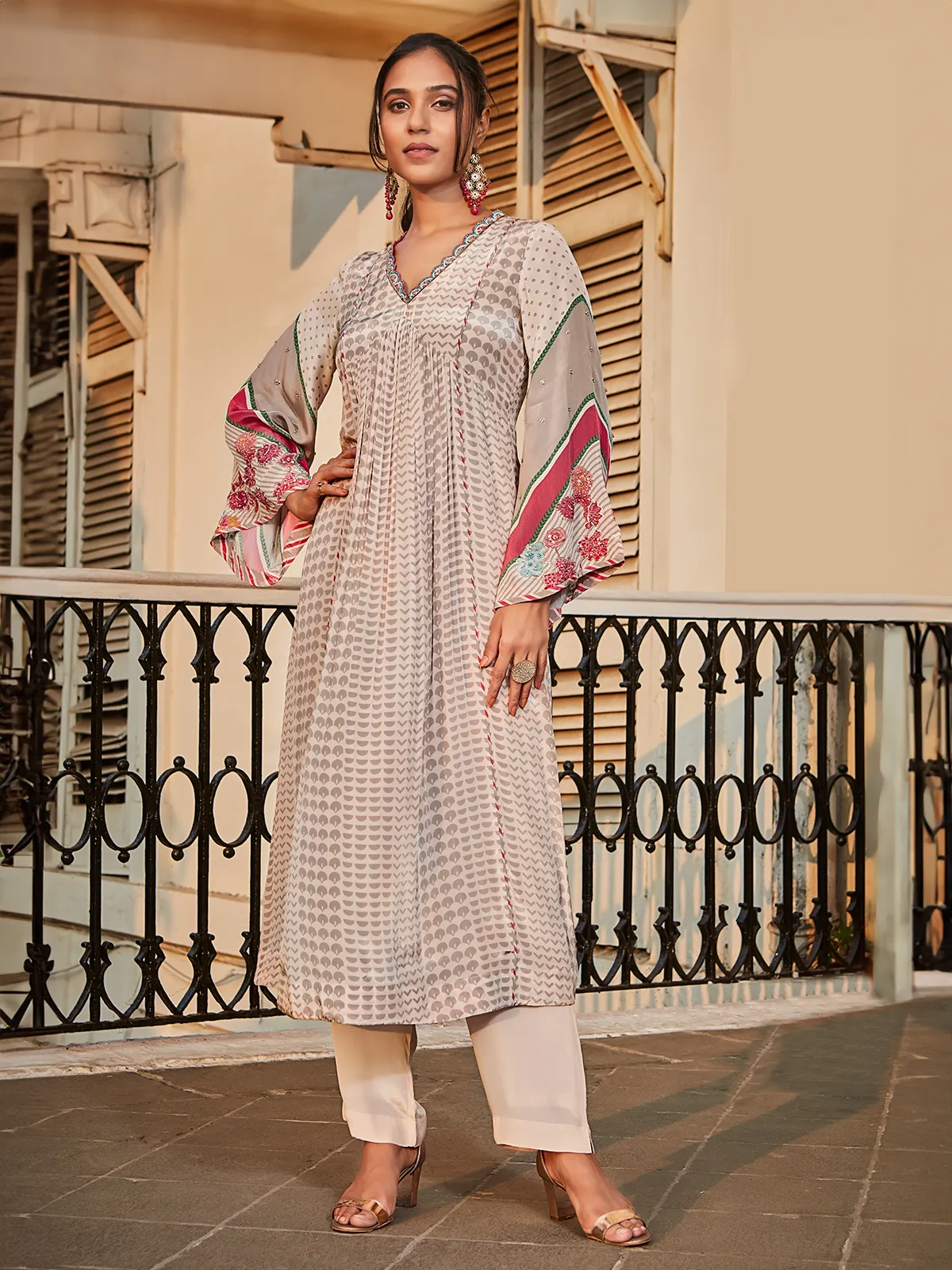 Trendy printed beige kurti with pant