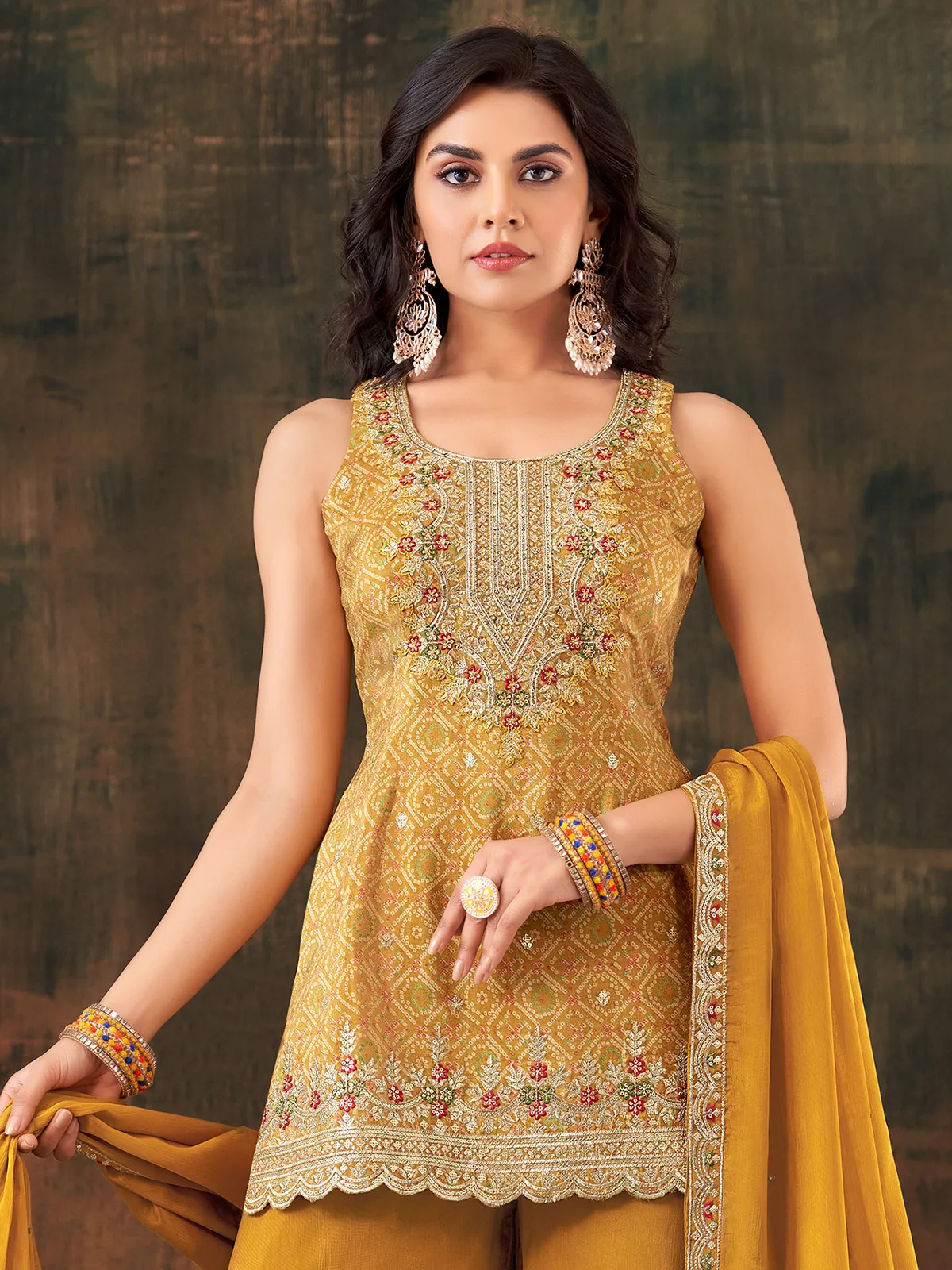 Trendy printed mustard yellow silk palazzo suit