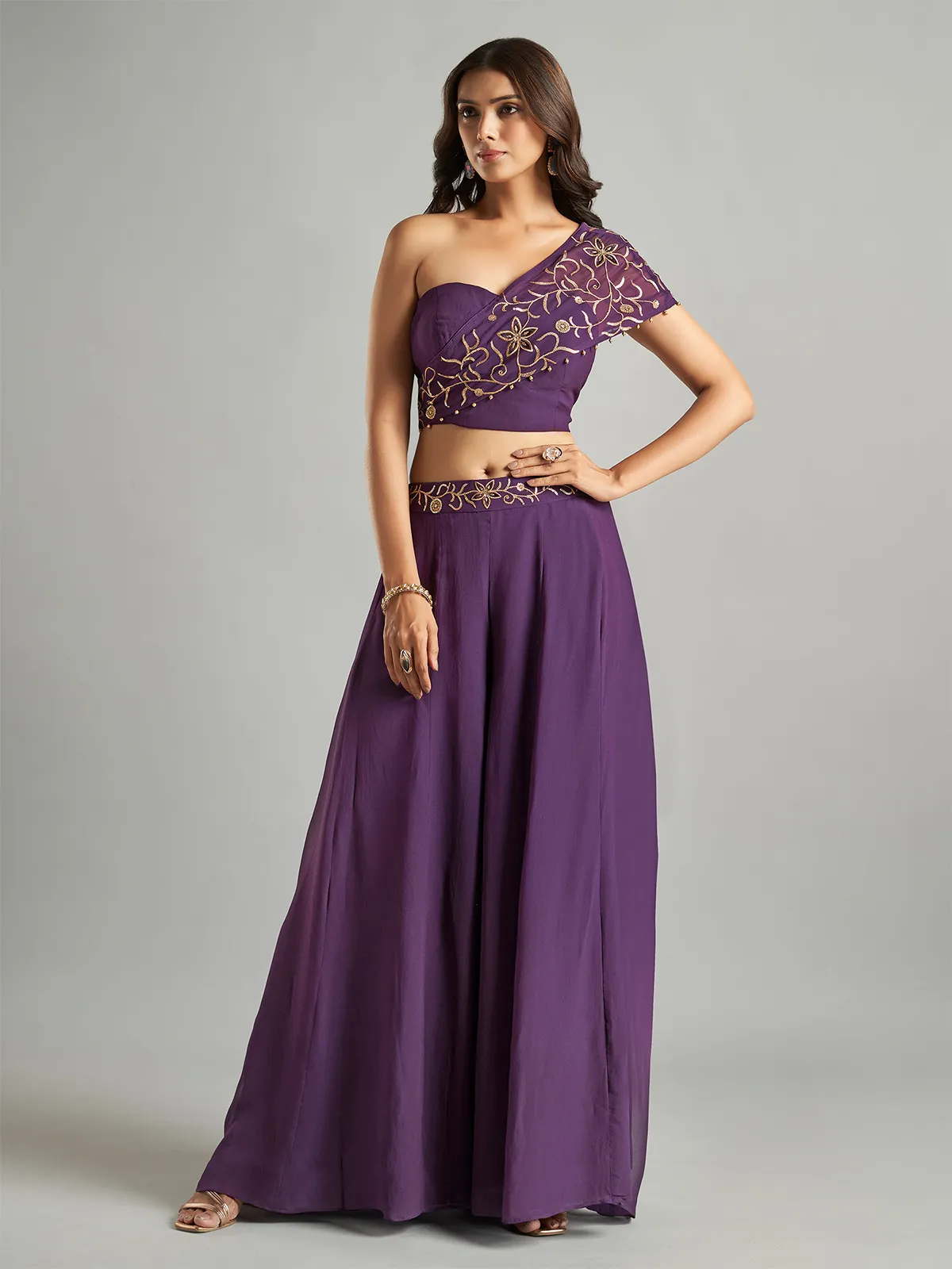 Trendy purple georgette palazzo suit