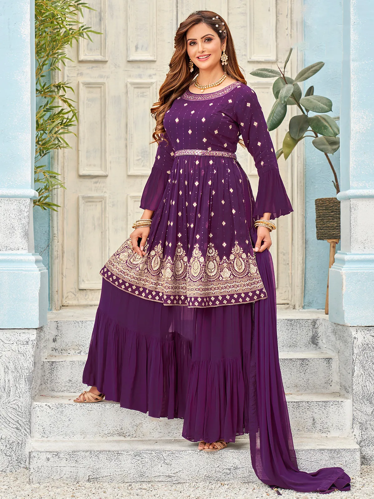 Trendy purple palazzo suit in georgette