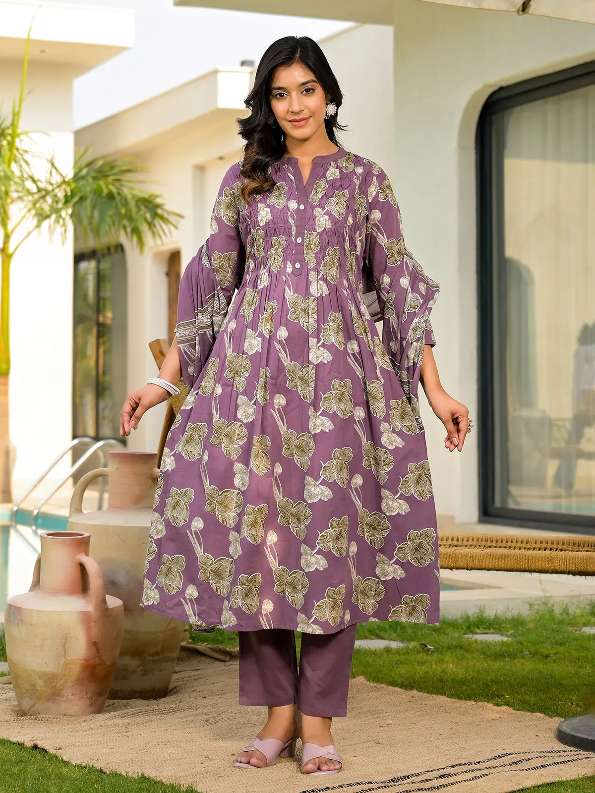 Trendy purple printed cotton kurti set
