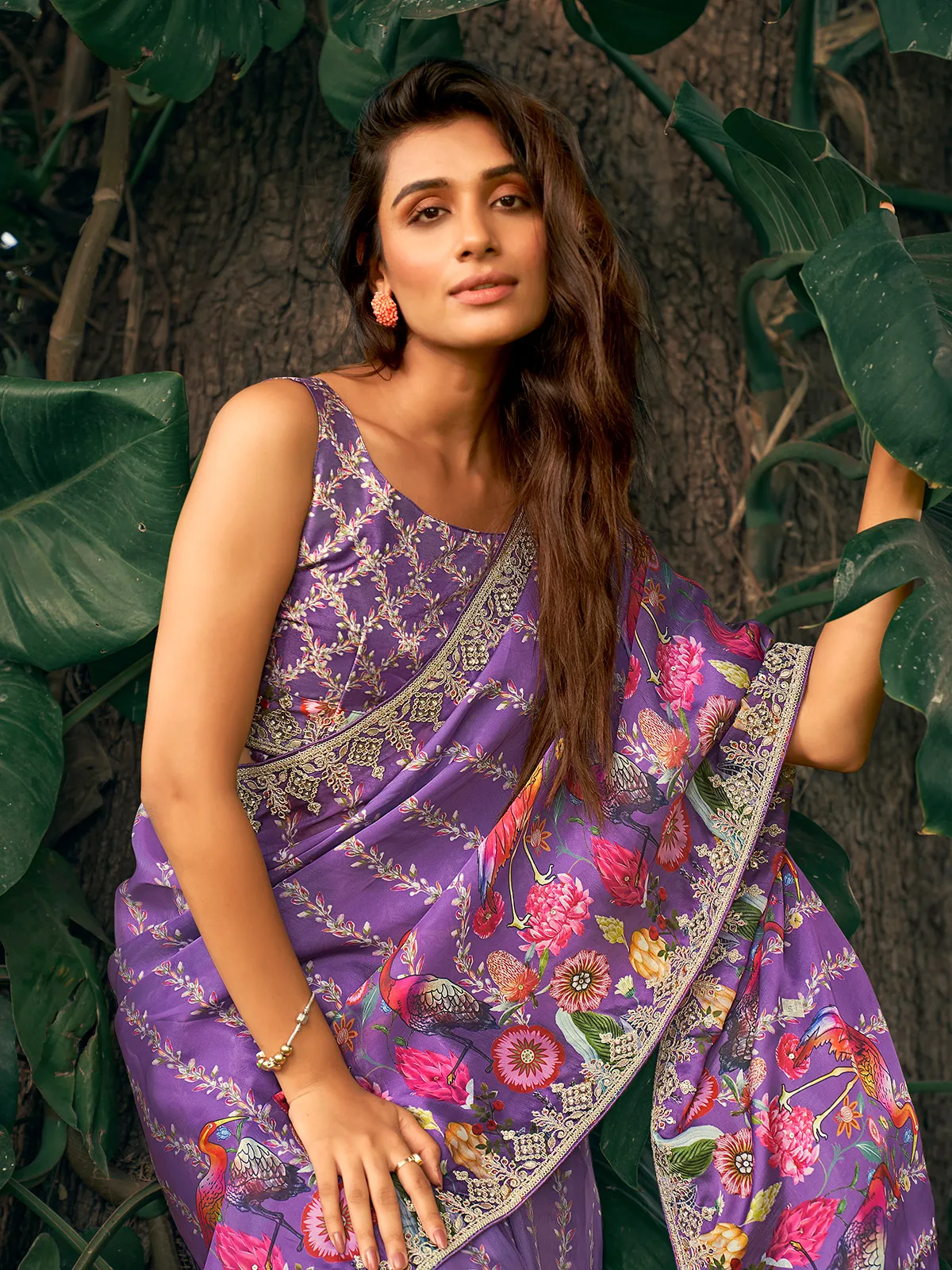 Trendy purple printed saree in spanish satin