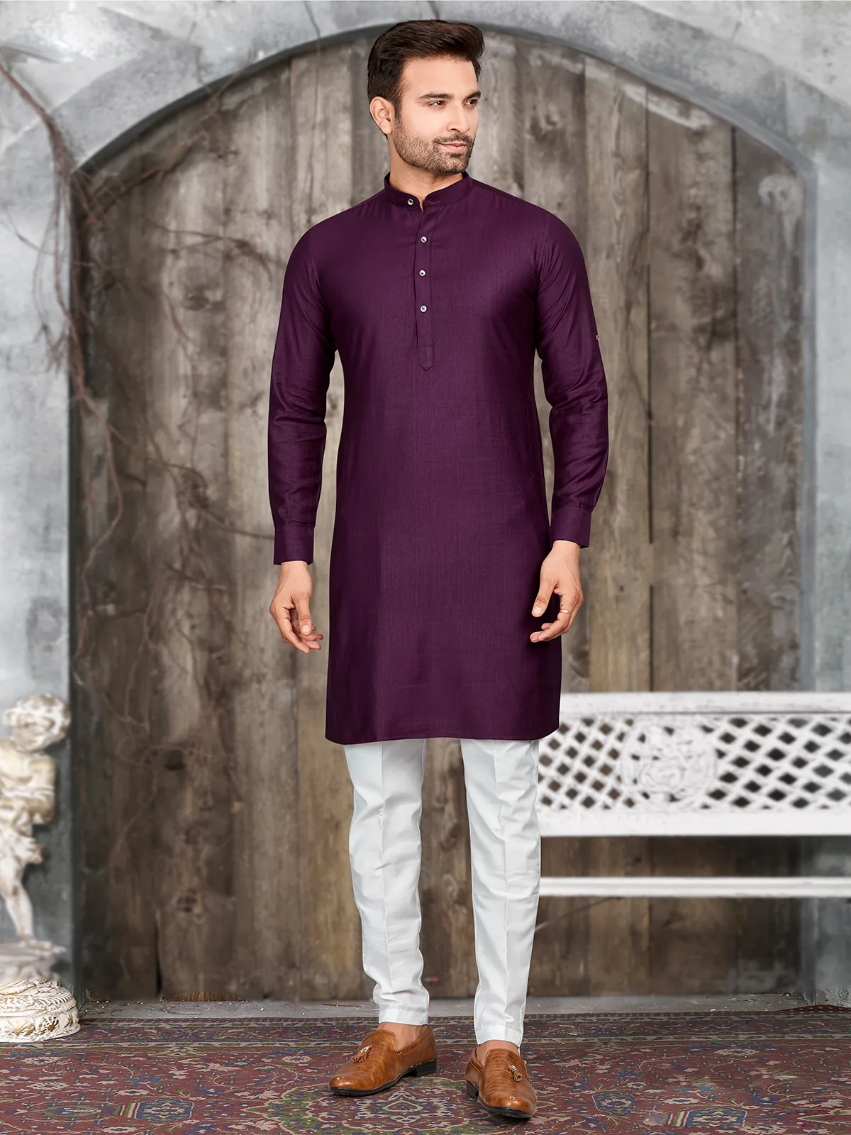 Trendy purple silk plain  Men Kurta pajama