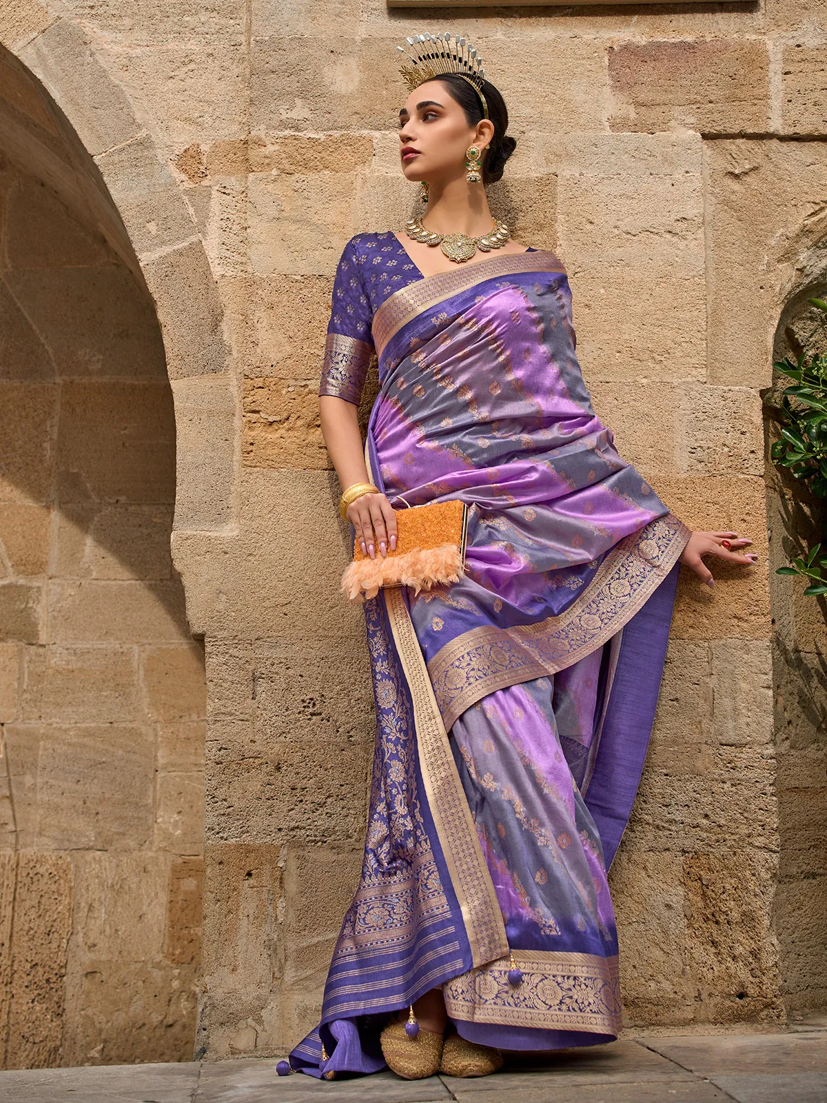 Trendy purple zari weaving saree