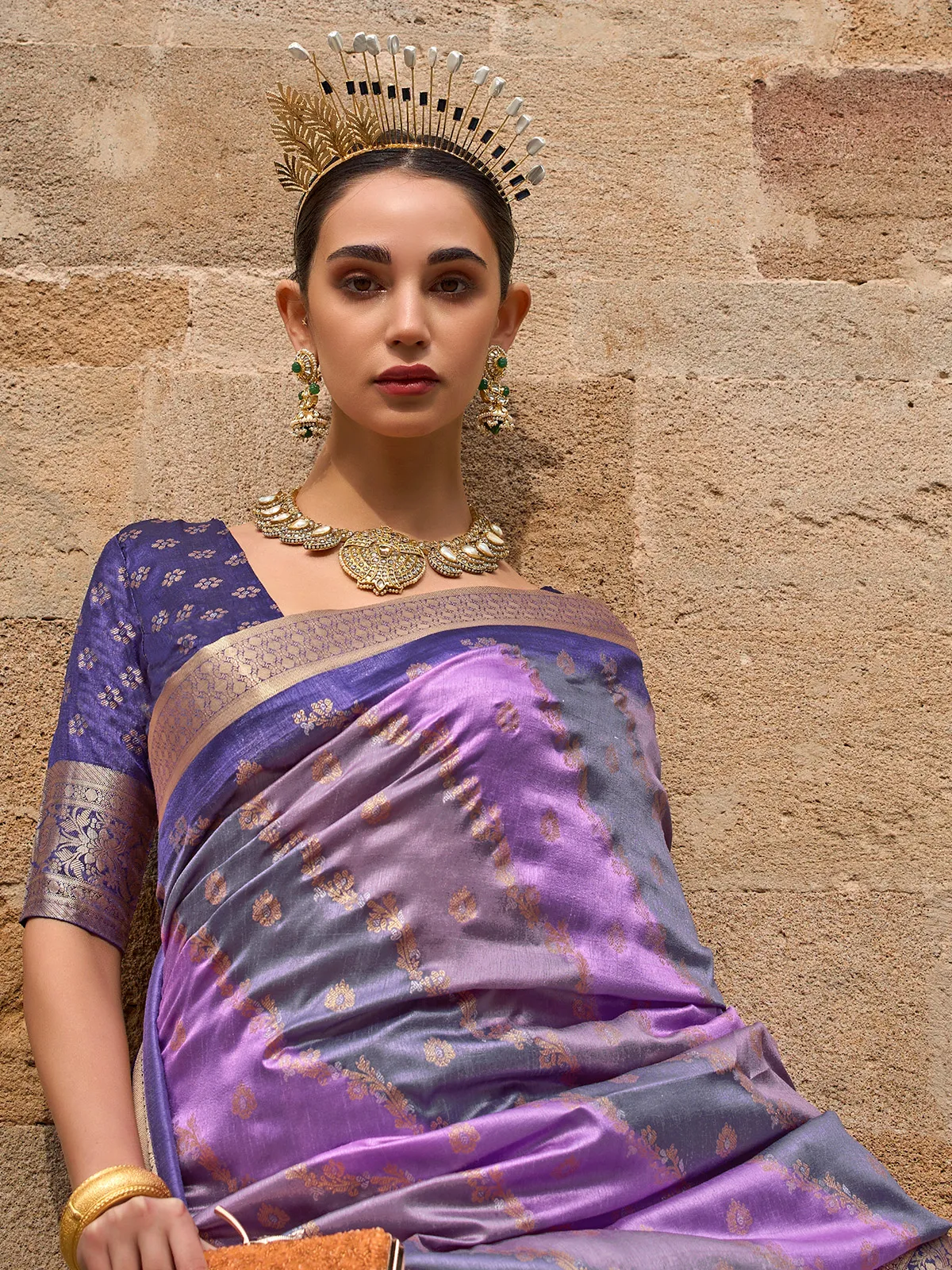 Trendy purple zari weaving saree